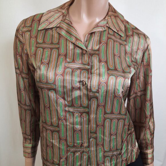 Vintage 1940s Shiny Rayon Blouse Abstract Print Button Front Brown Green Size S - Picture 1 of 11